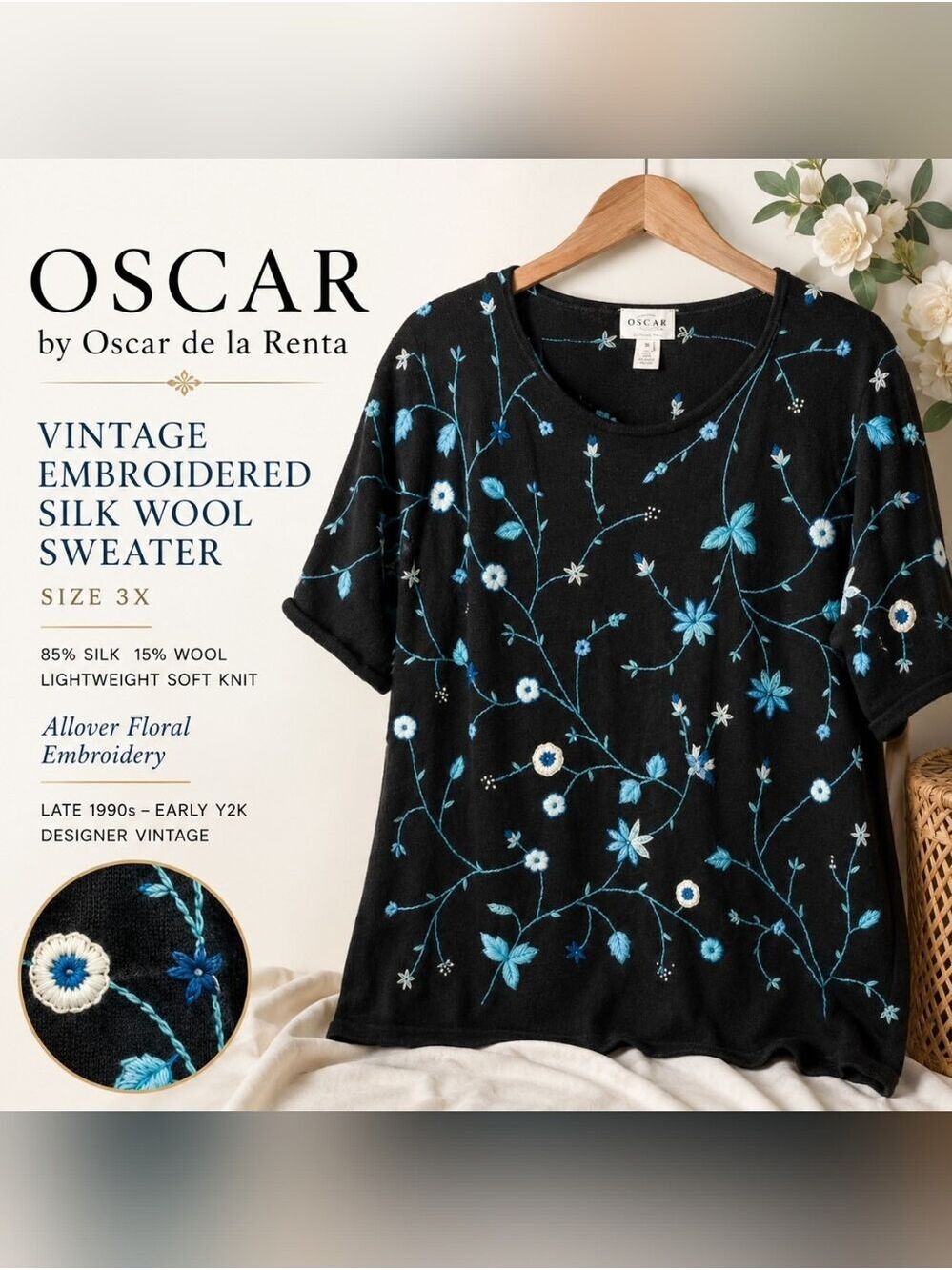 Vintage Oscar de la Renta Black Blue Floral Embroidered Silk Wool Sweater  3X
